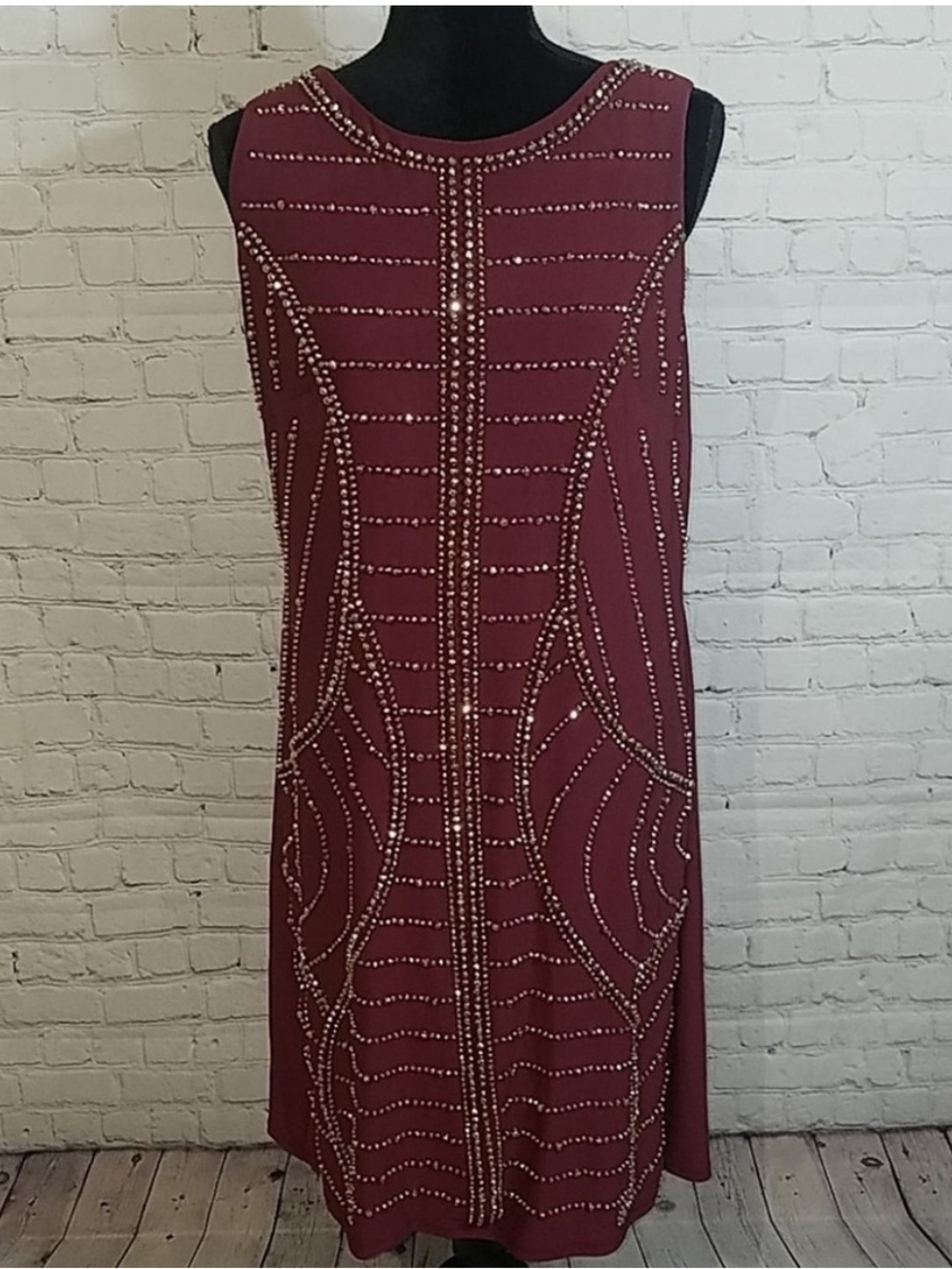 Leslie Fay Wine Beaded Shift Dress